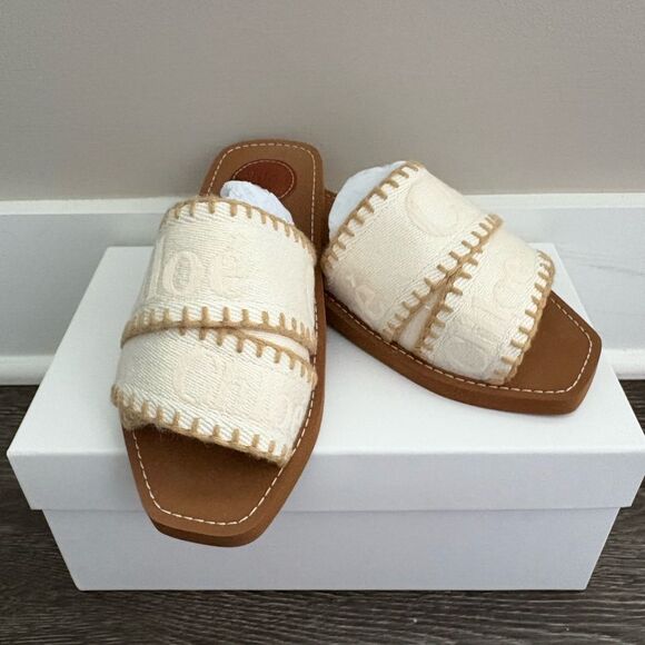 NIB Chloé X High Summer Woody Linen Logo Whipstitch Sandals Vanilla Ice 37 (7) - Picture 9 of 15